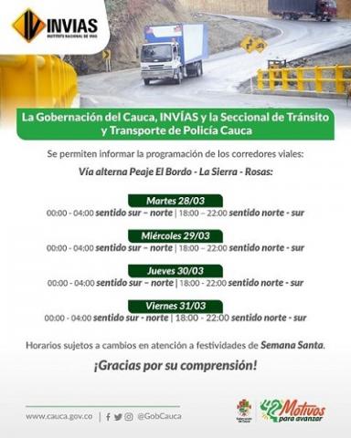 Horario paso corredor vial sur del Cauca 
